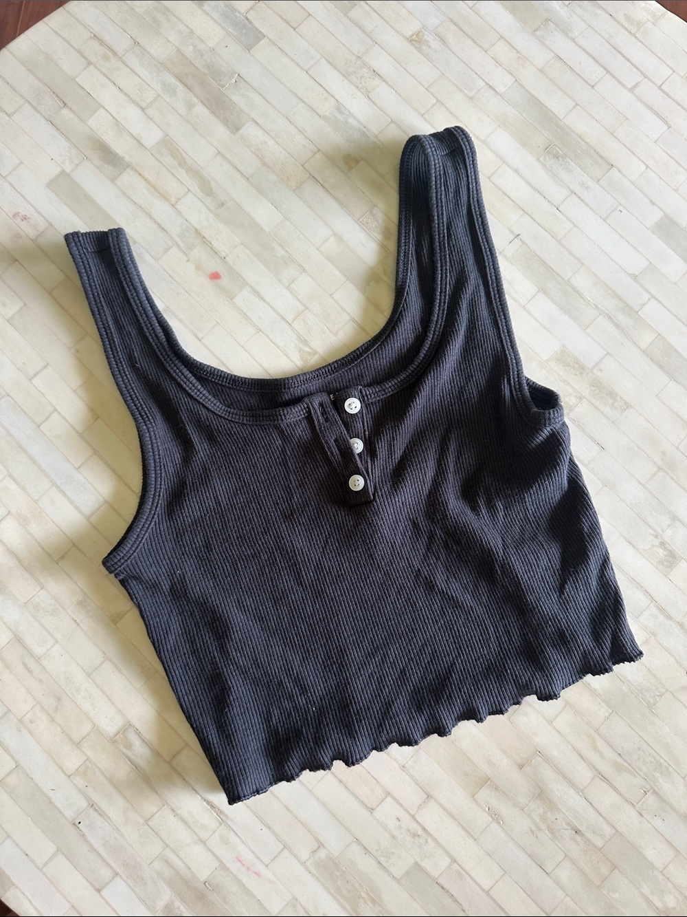 Black Ribbed Button-Front Crop Tank Top American Eagle XS
